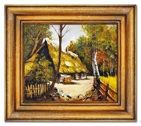 Obraz "Dworki, mlyny, chaty," ręcznie malowany 36x41cm
