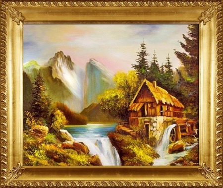 Obraz "Dworki, mlyny, chaty," ręcznie malowany 54x64cm