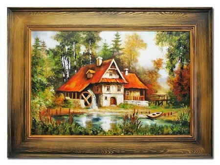 Obraz "Dworki, mlyny, chaty," ręcznie malowany 86x116cm
